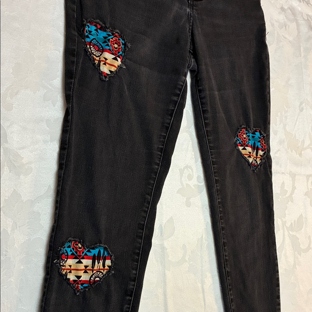 Maurices Black Jeans with Colorful Patched Hearts, Everflex High-Rise, Size 10 - Picture 6 of 14